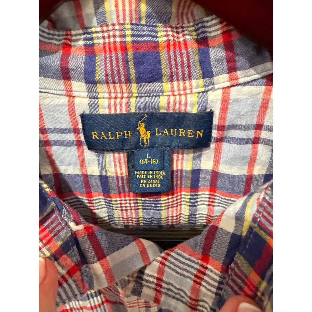 Ralph Lauren Boys Blue Red Plaid Short Sleeve Button Down Shirt Size L 14-16‎